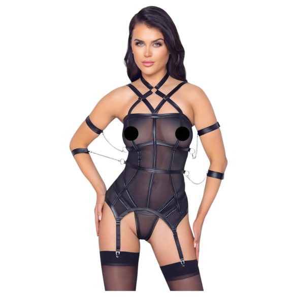 Cottelli Bondage - Strappy Top, Arm Cuffs & Thong Set (Black) - L