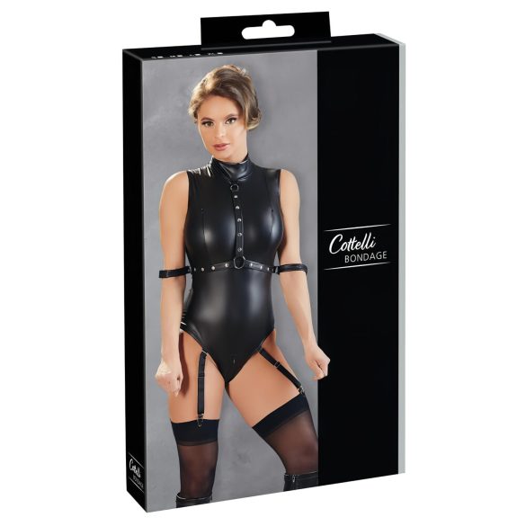 Cottelli Bondage - Shiny Sleeveless Bodysuit with Cuffs (Black) - M