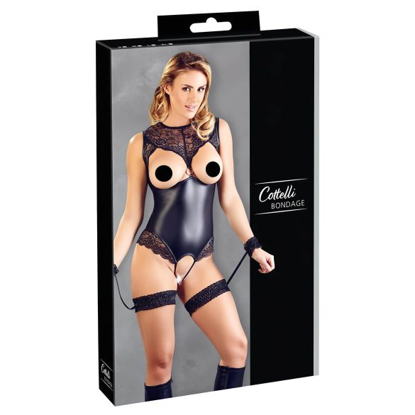 Cottelli Bondage - Shiny Open-Front Bodysuit & Cuffs (Black)