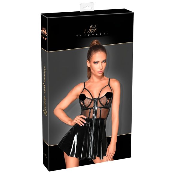 Noir - Black Patent Dress with Mesh Insets - M