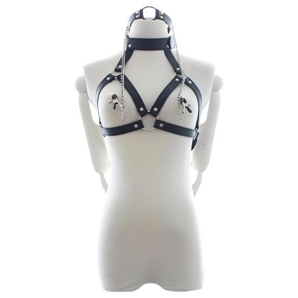 Latetobed - Black Bondage Harness with Gag and Nipple Clamps